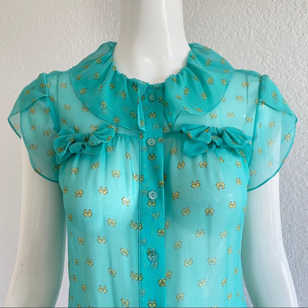 Blue floral silk bow blouse